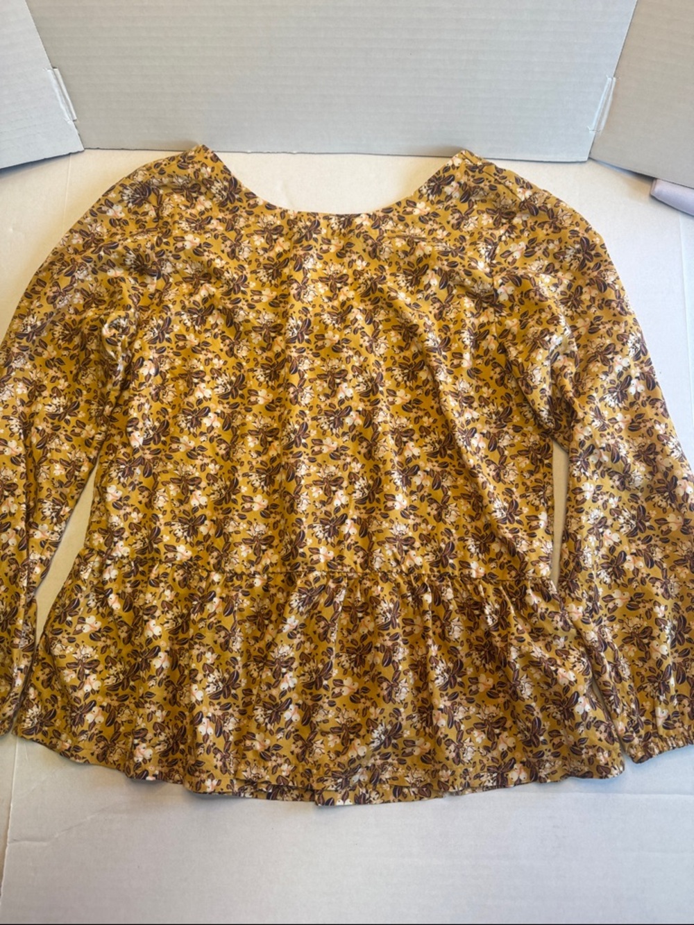 Patagonia Button Back Floral Peplum Blouse - Mustard Yellow